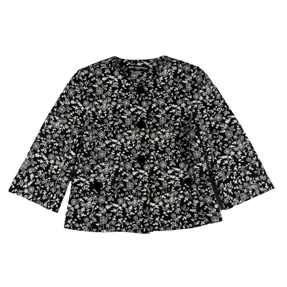 Karl Lagerfeld Paris Floral Jacquard Jacket Black White Size 6 3/4 Sleeve